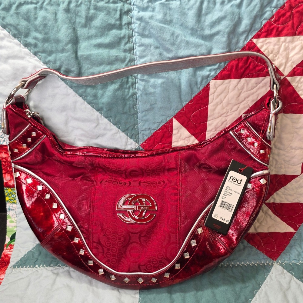 Red by Marc Ecko Hobo Cresent Bag Red Blocks Jacquard Metallic Studded Y2K Red
